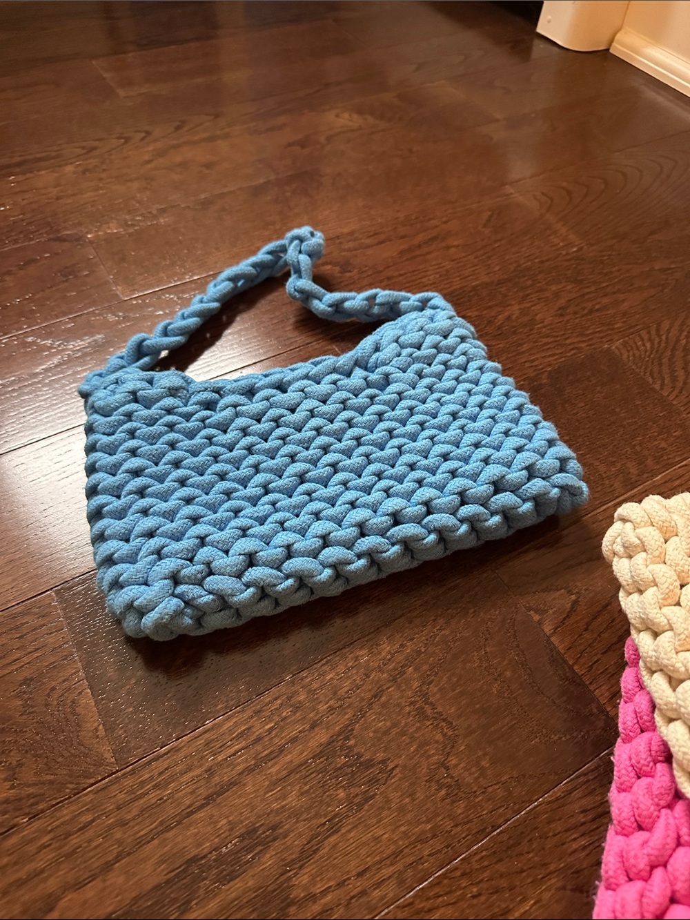 a new day Sky Blue Hand-Knit Chunky Crochet Shoulder Bag